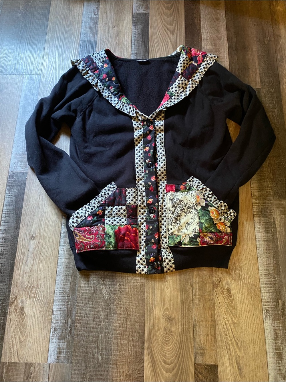 Source Unknown Black Patchwork Quilted-Trim Hoodie